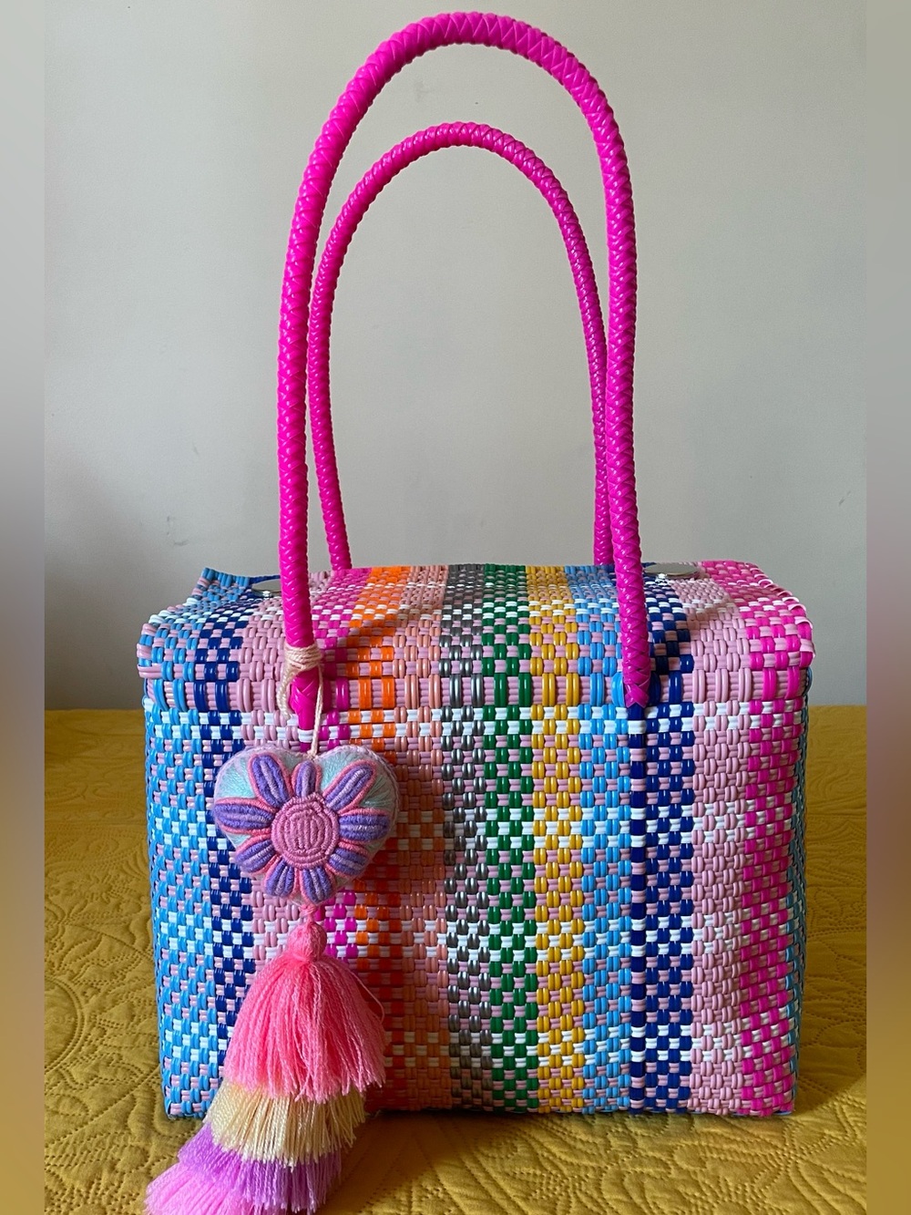 Vibrant Pink Multicolor Handwoven Lunchbag with Tassel Charm